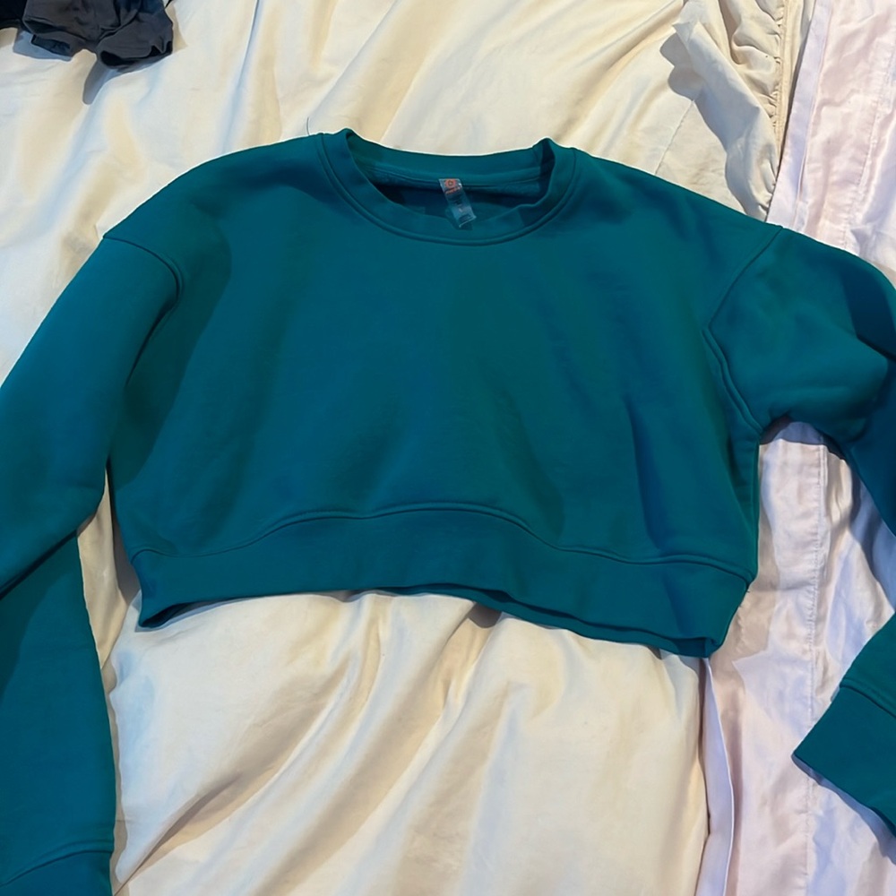 A cropped teal aritzia sweatshirt